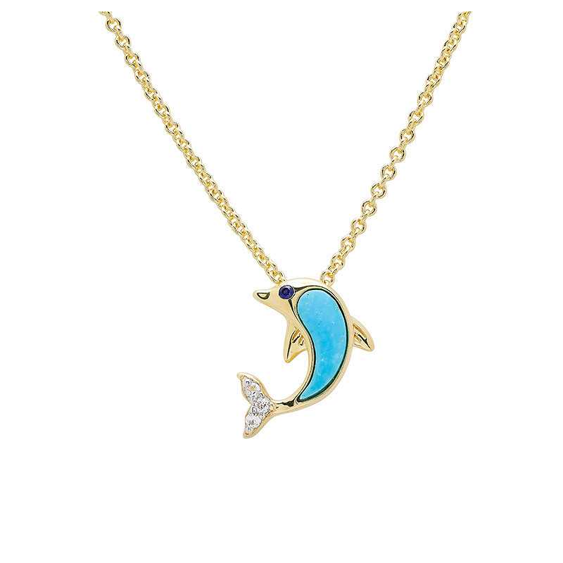Ocean - Sterling Silver - Gold Vermeil Crystal Turquoise Dolphin Necklace
