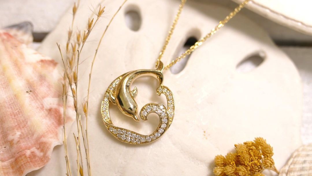 14k Yellow Gold Dolphin + Wave 0.25ct Diamond Necklace