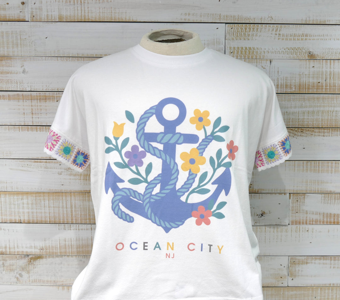 Ocean City Classics - Short Sleeve Floral Anchor T-Shirt - White