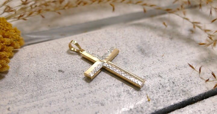 14k Two Tone Cross Square, Diamond Cut Pendant 5mm Bail (Chain not Included)