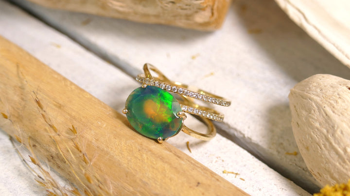 14k Yellow Gold Natural Diamond Oval Triple Band Twist - Green Ethiopian Opal (2.67ct) (Size 6.5)