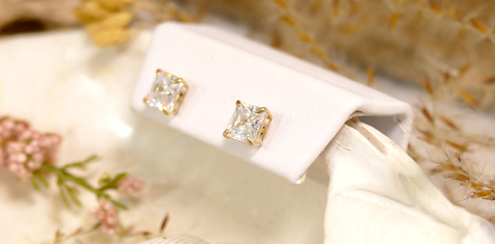 14k Yellow Gold CZ 5mm/Basket Princess Stud Earrings