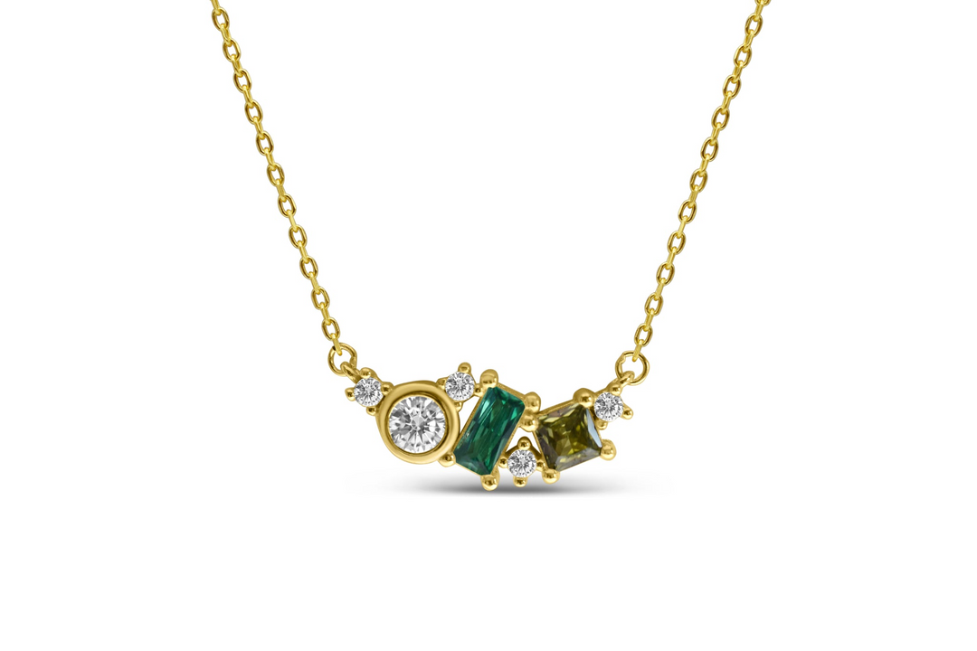 Stia Sterling Silver - 14K Gold Plated Emerald, Peridot Cubic Zirconia Cluster 15-17" Necklace