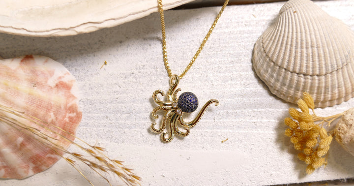 14k - Yellow Gold Octopus Sapphire Pendant
