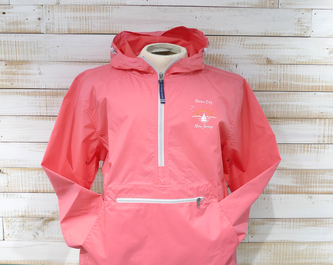 Charles River - Long Sleeve 1/4 Zip Hooded Pack & Go Rain Jacket - Coral