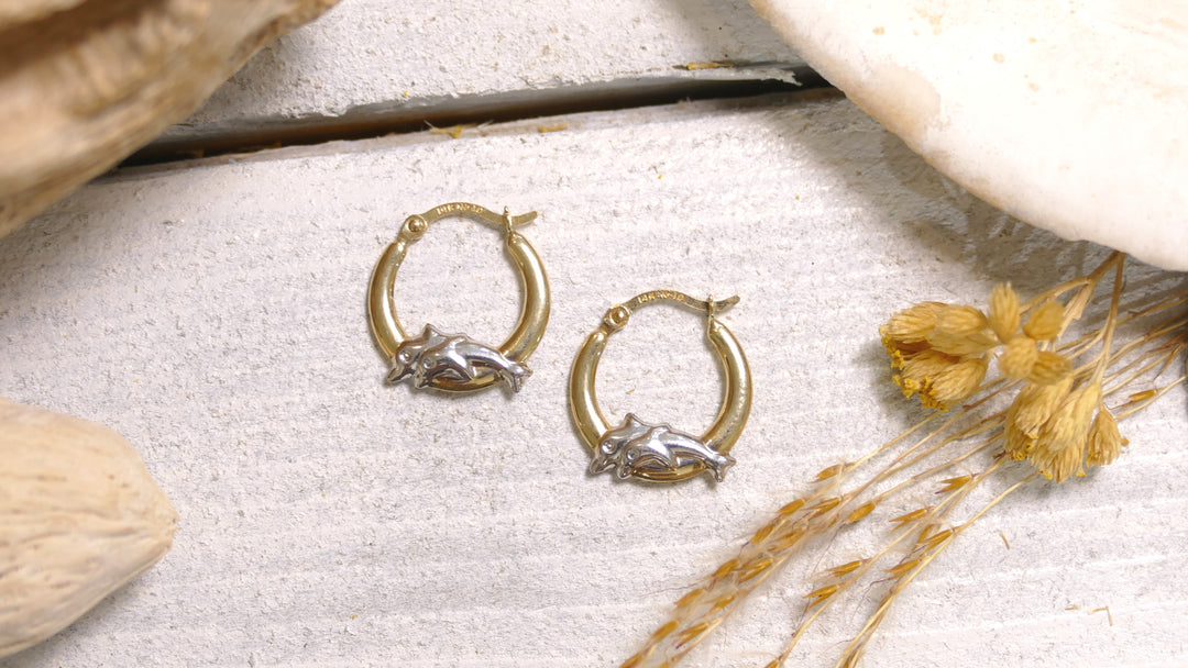 14k Two Tone Double Dolphin Hoop Earrings