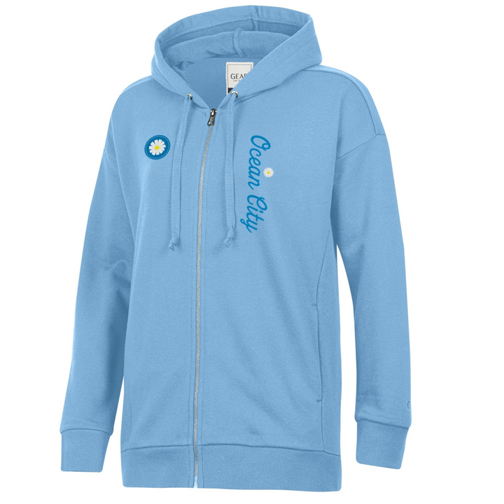 GEAR - Long Sleeve Full Zip Hooded Daisy Flower Sweatshirt - Blue