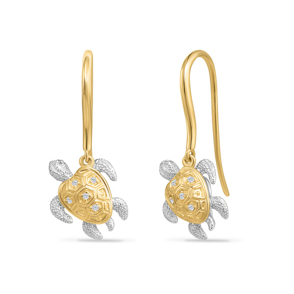 14k Two Tone 0.04ct. Natural Diamond Dangle Turtle Earrings