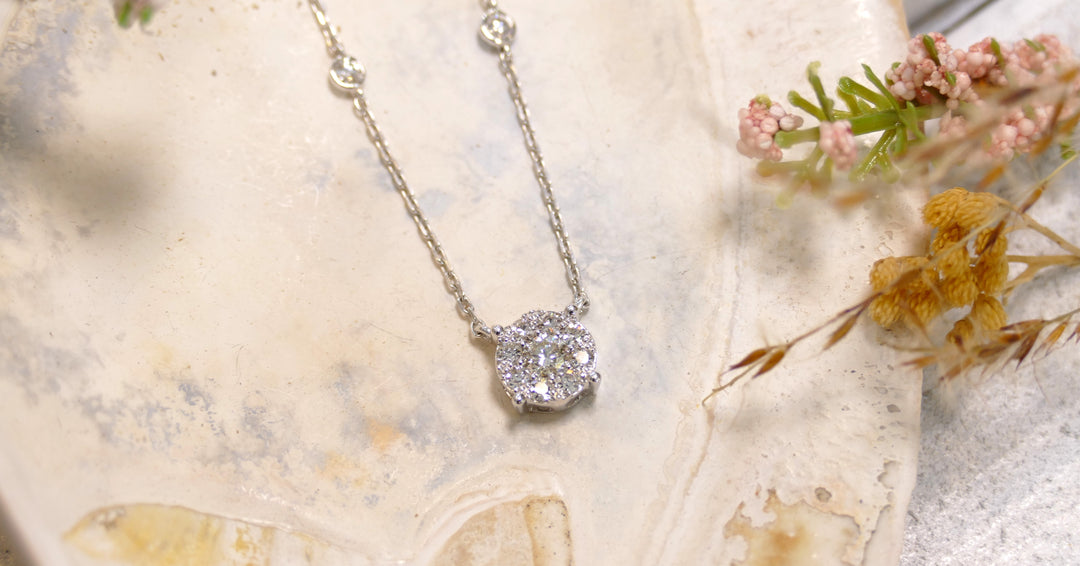 14k White Gold Diamond With 8 Accented Bezel Diamonds Necklace
