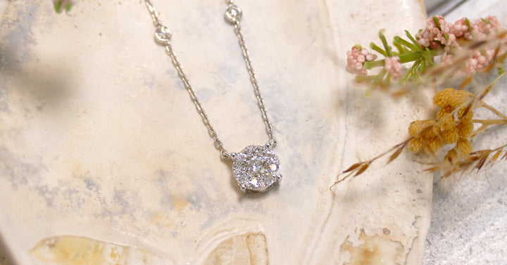 14k White Gold Diamond With 8 Accented Bezel Diamonds Necklace