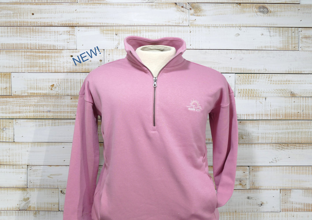 Gear - Long Sleeve 1/4 Zip Cadet Collar Sun & Wave Sweatshirt - Pink (Small)