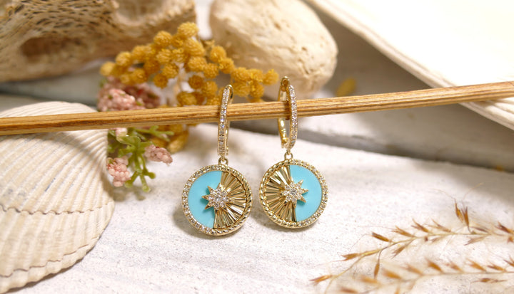 14k Yellow Gold .22ct Turquoise Diamond + Starburst Dangle Earrings