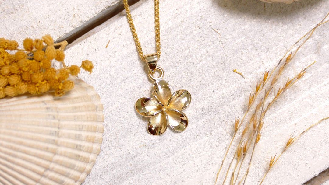 14k - Yellow Gold Plumeria 15mm Flower Pendant