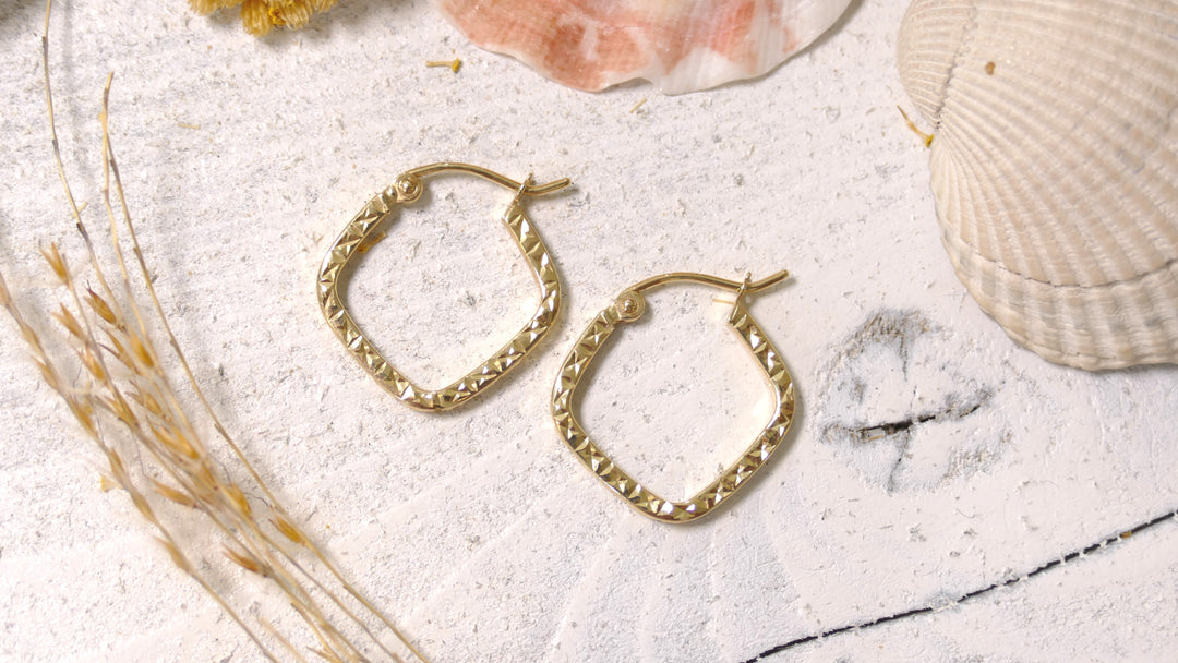 14k Yellow Gold Square - Diamond Cut Hoop Earrings