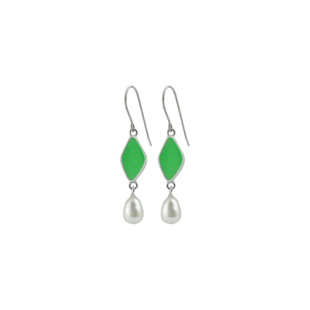 Emerald Green Sea Glass Earring With Pearl Drop