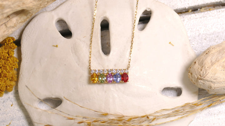 18k Yellow Gold 5 Stone Bar - Rainbow Gradient - Natural Diamonds 0.17ct Sapphire Necklace
