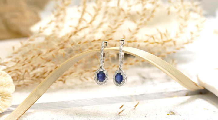 14k White Gold Oval 0.91ct Sapphire Dangle Earrings