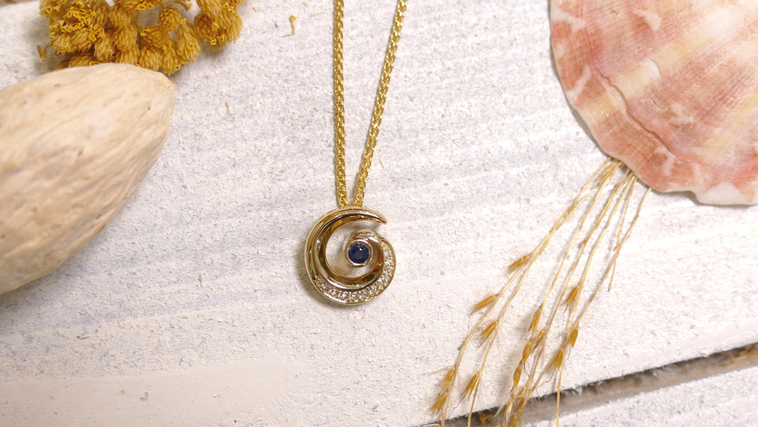 14k - Yellow Gold Sapphire Round Natural Diamond Wave Pendant