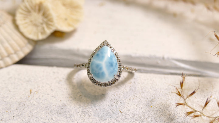 Sterling Silver - Silver CZ Teardrop Larimar Ring 7