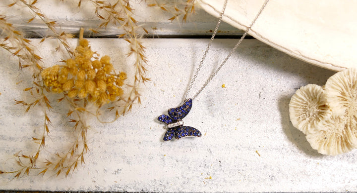 14k White Gold Sapphire Butterfly Necklace (Length 18")