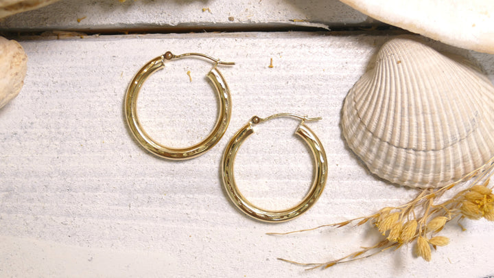 14k Yellow Gold Diamond Cut Hoop Earrings