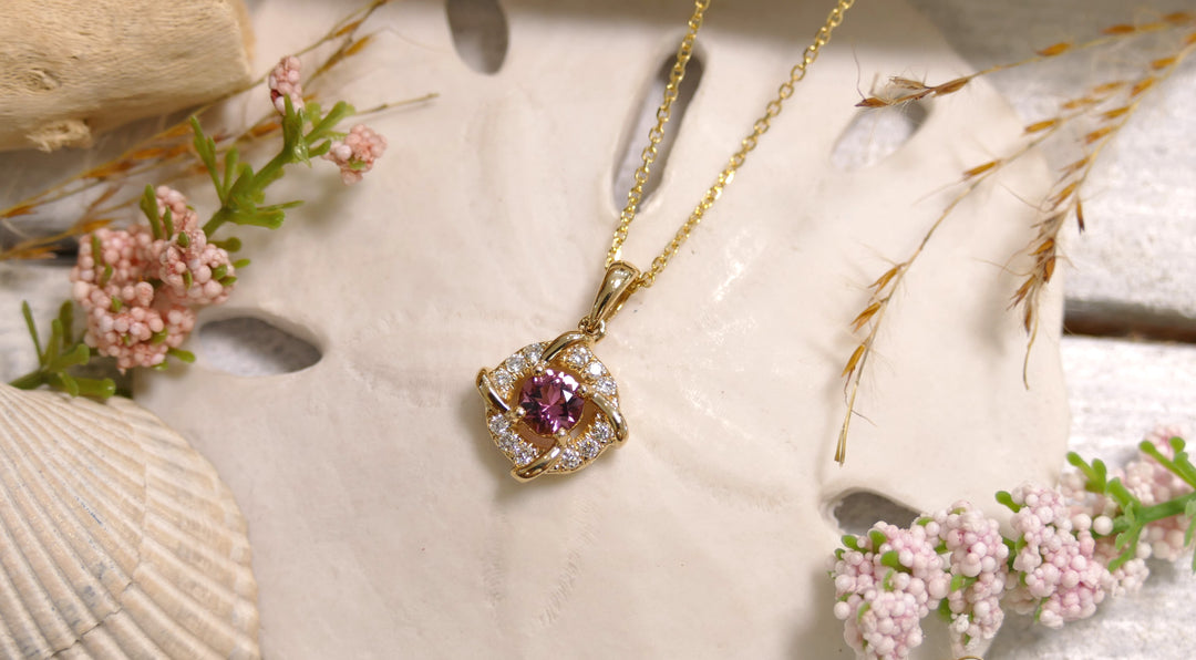 14k Yellow Gold Accent Diamonds - Estate Style - .45ct/0.18ct Pink Tourmaline Round Pendant