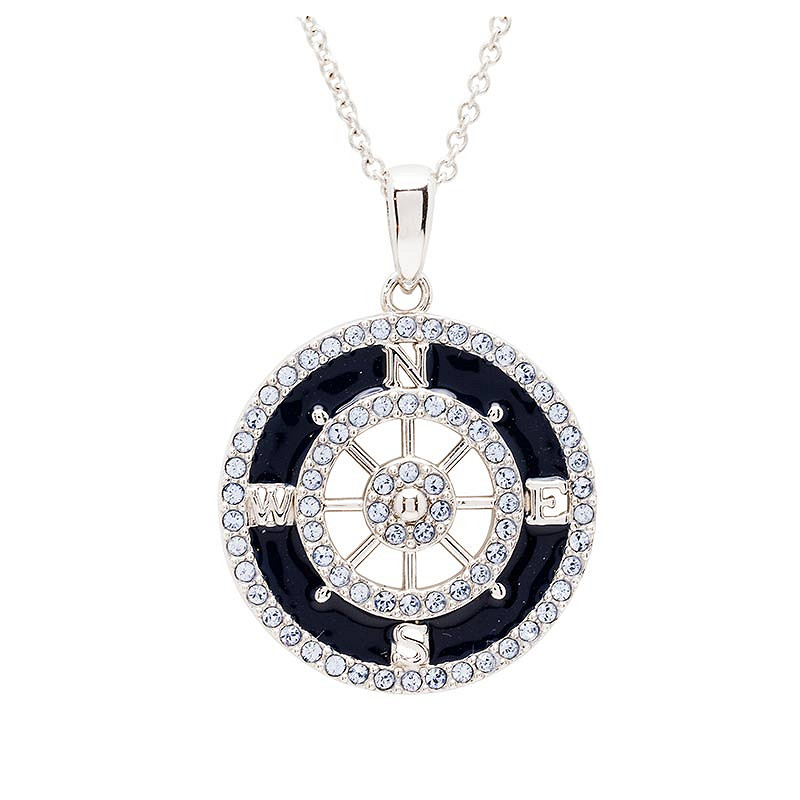 Ocean - Sterling Silver - Silver Dark Blue Enamel Crystal Compass Necklace