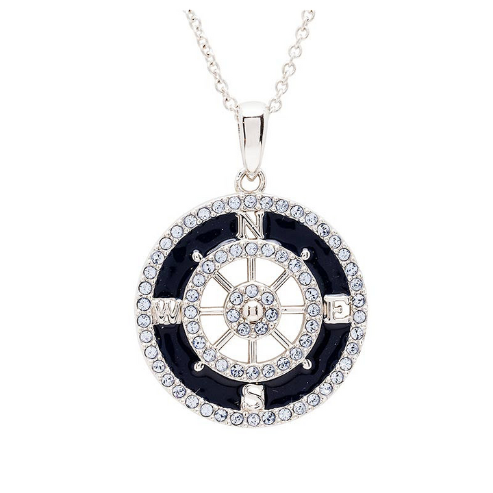 Ocean - Sterling Silver - Silver Dark Blue Enamel Crystal Compass Necklace