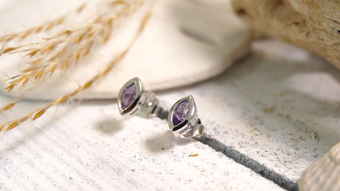 Sterling Silver - Silver Rhodium Amethyst Stud Earrings