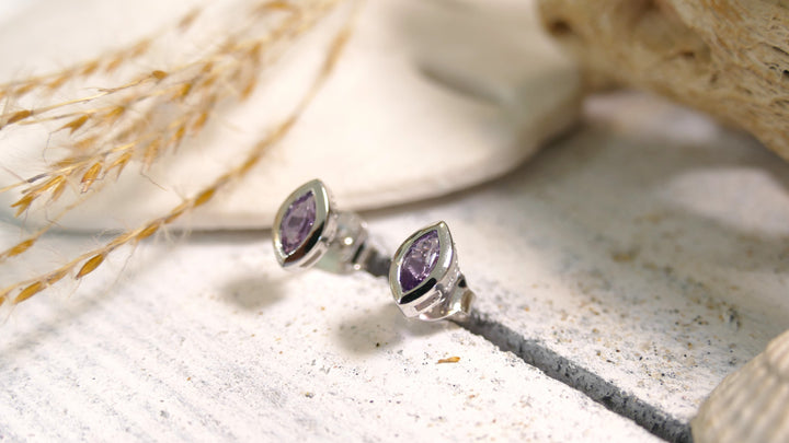 Sterling Silver - Silver Rhodium Amethyst Stud Earrings