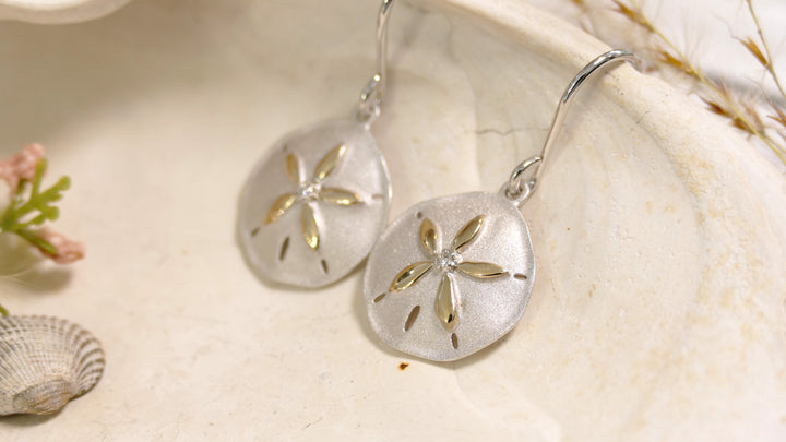 Sterling Silver - Two Tone 14KY Center Natural Diamond Drop Earrings