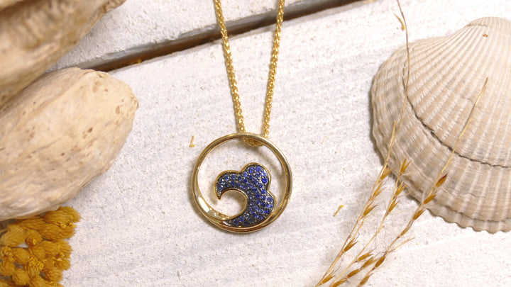 14k - Yellow Gold Round Sapphire Wave Pendant