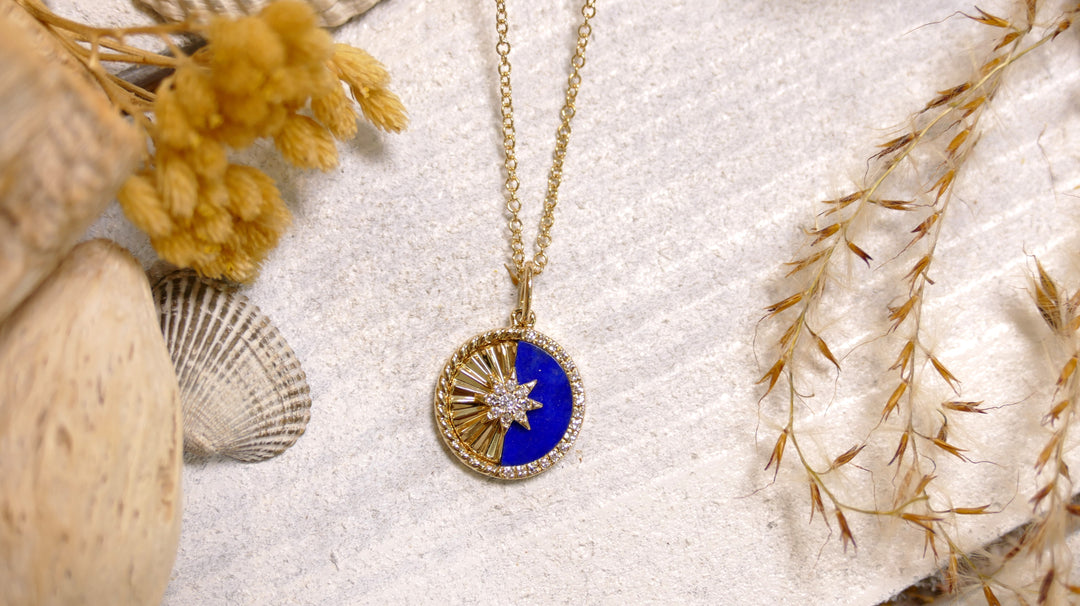 14k Yellow Gold Lapis + Starburst .07ct Diamond Necklace