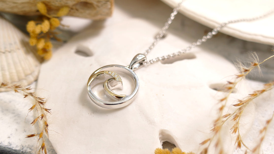 Sterling Silver - Two Tone 14KY Round Natural Diamond Wave Necklace