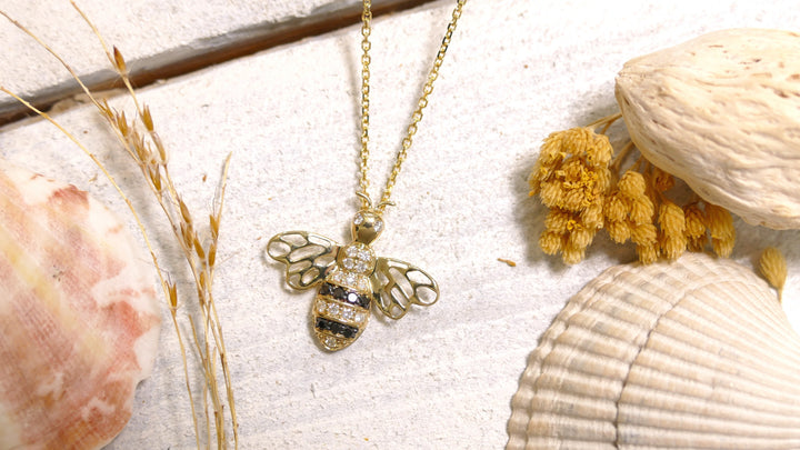 14k Yellow Gold Bumble Bee + Black Diamonds 0.08ct 0.12ct Diamond Necklace
