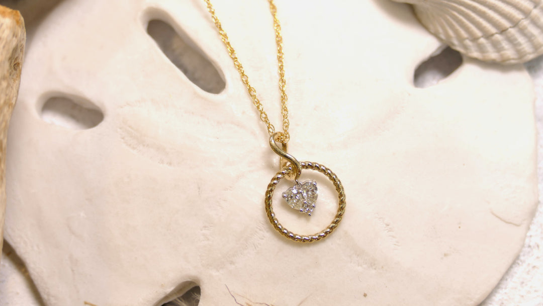 14k Yellow Gold Rope Circle/Center Heart Drop 0.21ct Diamond Necklace