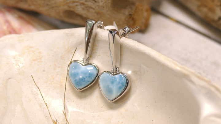 Sterling Silver - Silver Heart Larimar Drop Earrings