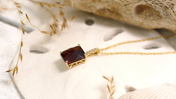 14k Yellow Gold 0.02CT Garnet Cushion Pendant 18"