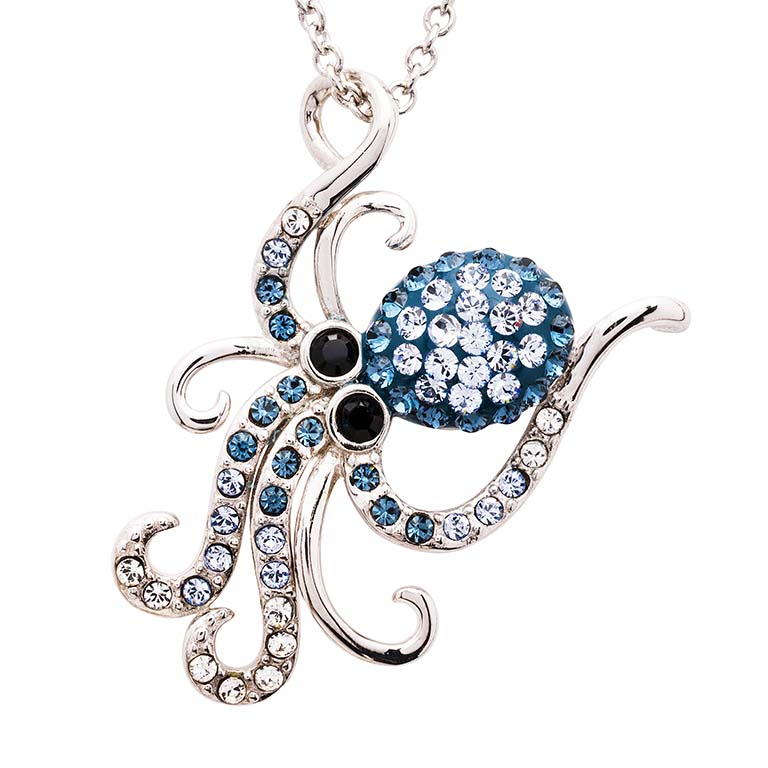 Ocean - Sterling Silver - Octopus Crystal Octopus Necklace with Blue Crystals Sea Life Necklace