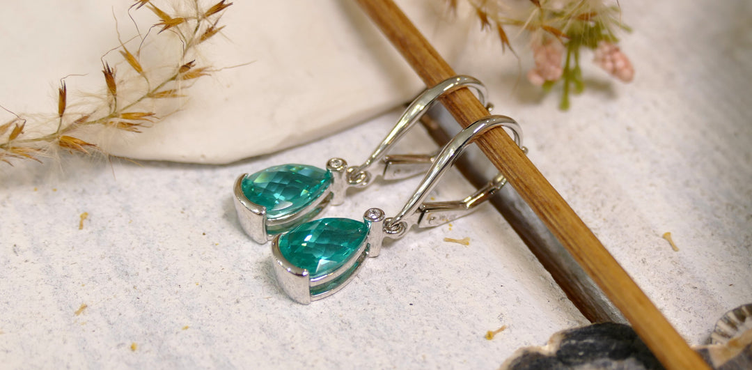 14k White Gold Pear 0.02ct Accent Diamonds Paraiba Tourmaline Checkerboard Cut Dangle Earrings