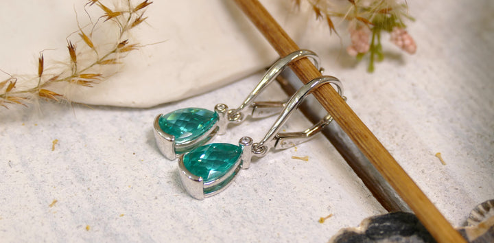 14k White Gold Pear 0.02ct Accent Diamonds Paraiba Tourmaline Checkerboard Cut Dangle Earrings