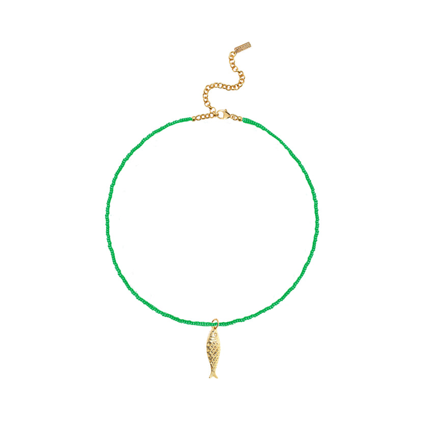 Adriana Pappas - Brass - Gold Filled Green Glass Beads Cubic Zirconia Fish Choker Necklace 15"-18"