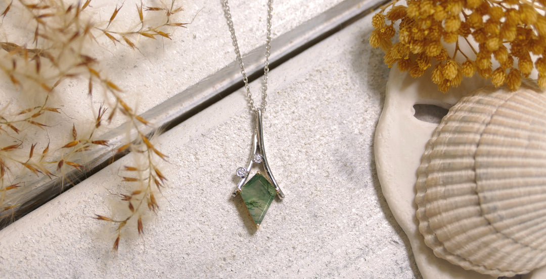 14k Two Tone 1.2ct + Diamond Accent .02ct Moss Agate Kite Necklace