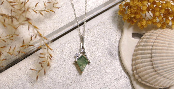 14k Two Tone 1.2ct + Diamond Accent .02ct Moss Agate Kite Necklace