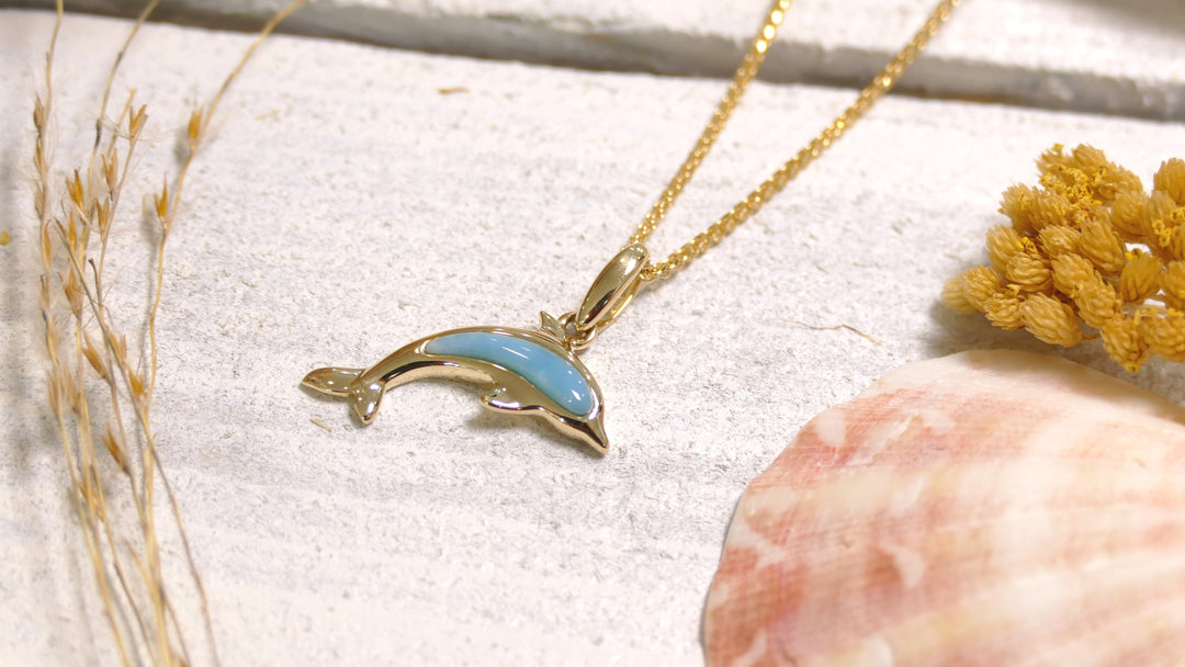 14k - Yellow Gold Larimar Dolphin Pendant