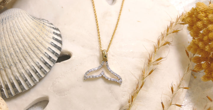 Ocean - 14k - Yellow Gold Outline Lab Grown Diamond Whale Tail Necklace