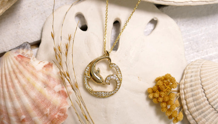 14k Yellow Gold Dolphin + Wave 0.25ct Diamond Necklace