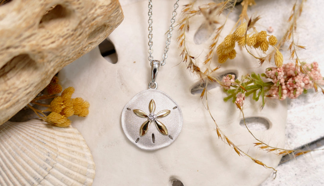 Sterling Silver - Two Tone 14K + Center Diamond Sanddollar Necklace