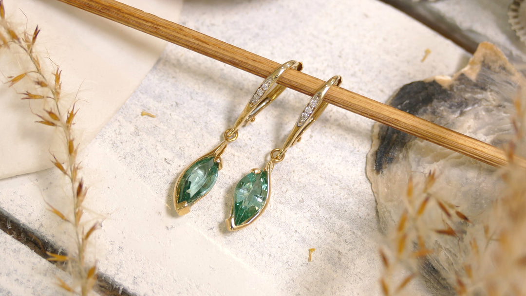 14k Yellow Gold Marquise Caribbean Topaz Accent Diamonds Dangle Earrings