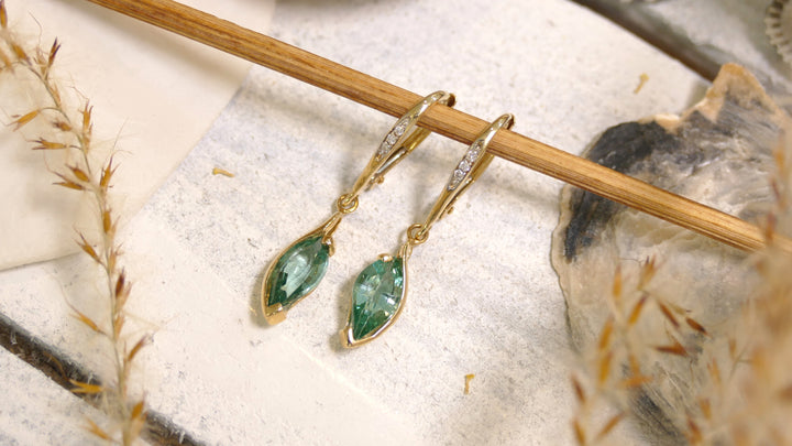 14k Yellow Gold Marquise Caribbean Topaz Accent Diamonds Dangle Earrings